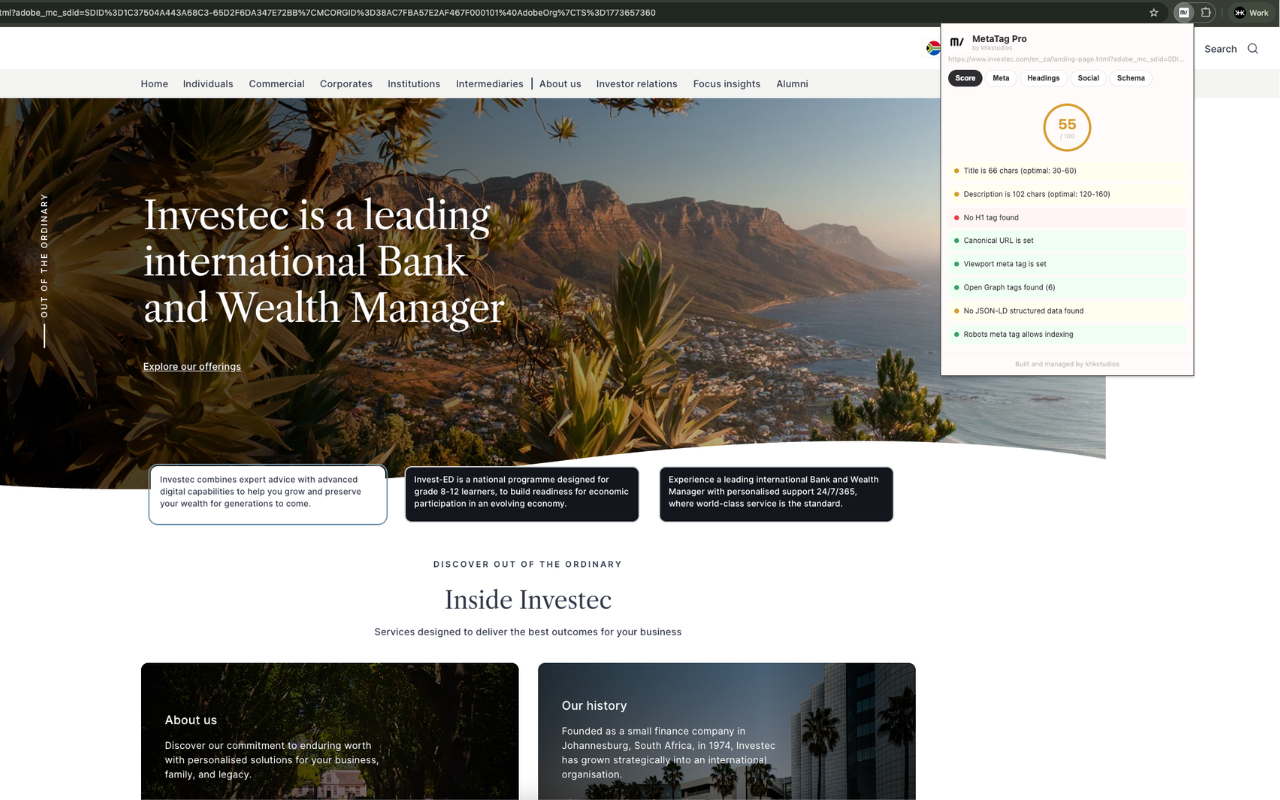 MetaTag Pro extension showing an SEO score breakdown in the browser popup